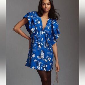 Anthropologie x Farm Rio Flutter-Sleeve Babydoll Mini Dress
